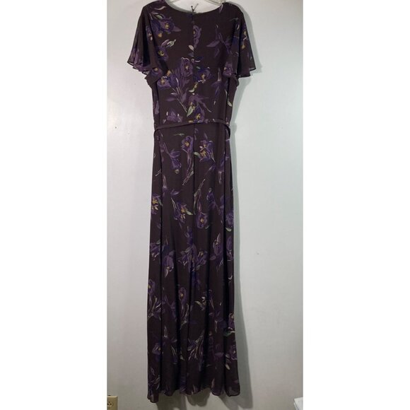Lauren Ralph Lauren Georgette Flutter Sleeve Gown 16 Brown Purple Belt NWT - Picture 3 of 12